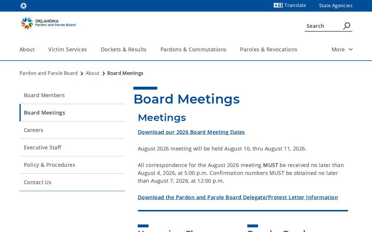 Oklahoma Pardon and Parole Board meeting calendar