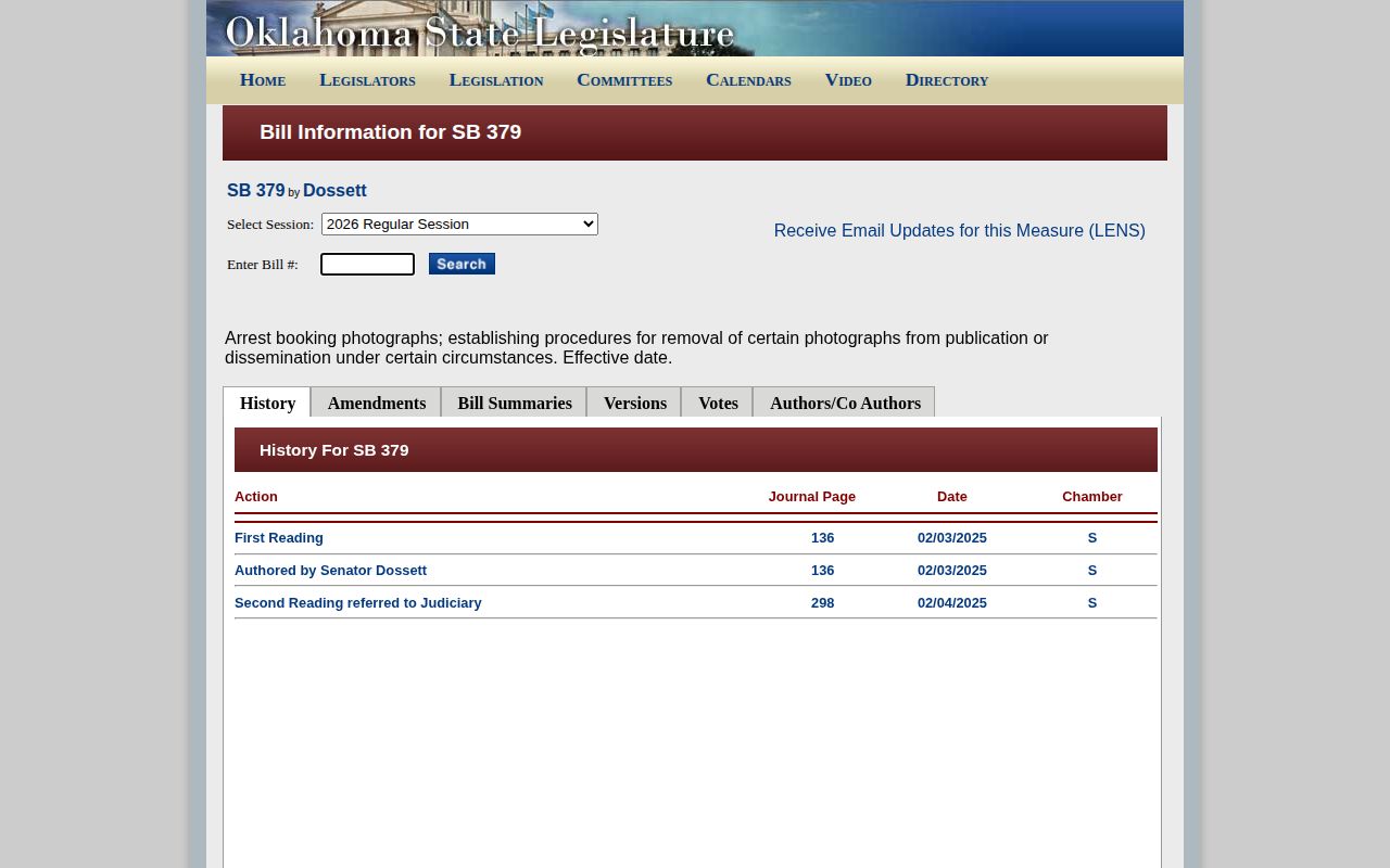 Oklahoma SB 379 status for Woods County released mugshot removal research
