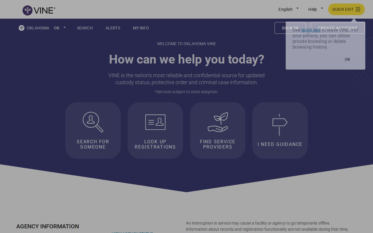 Oklahoma VINELink offender search interface