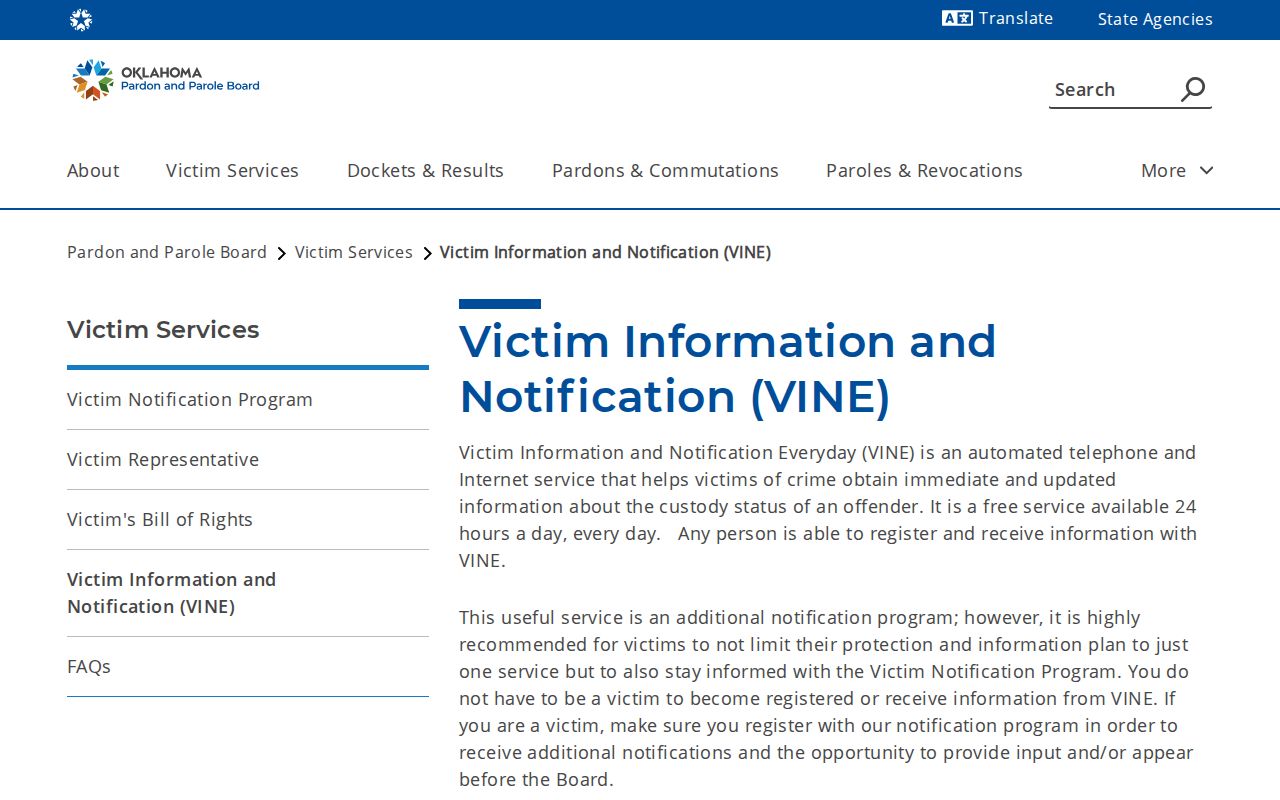 Oklahoma Parole Board VINE and formal victim notification page